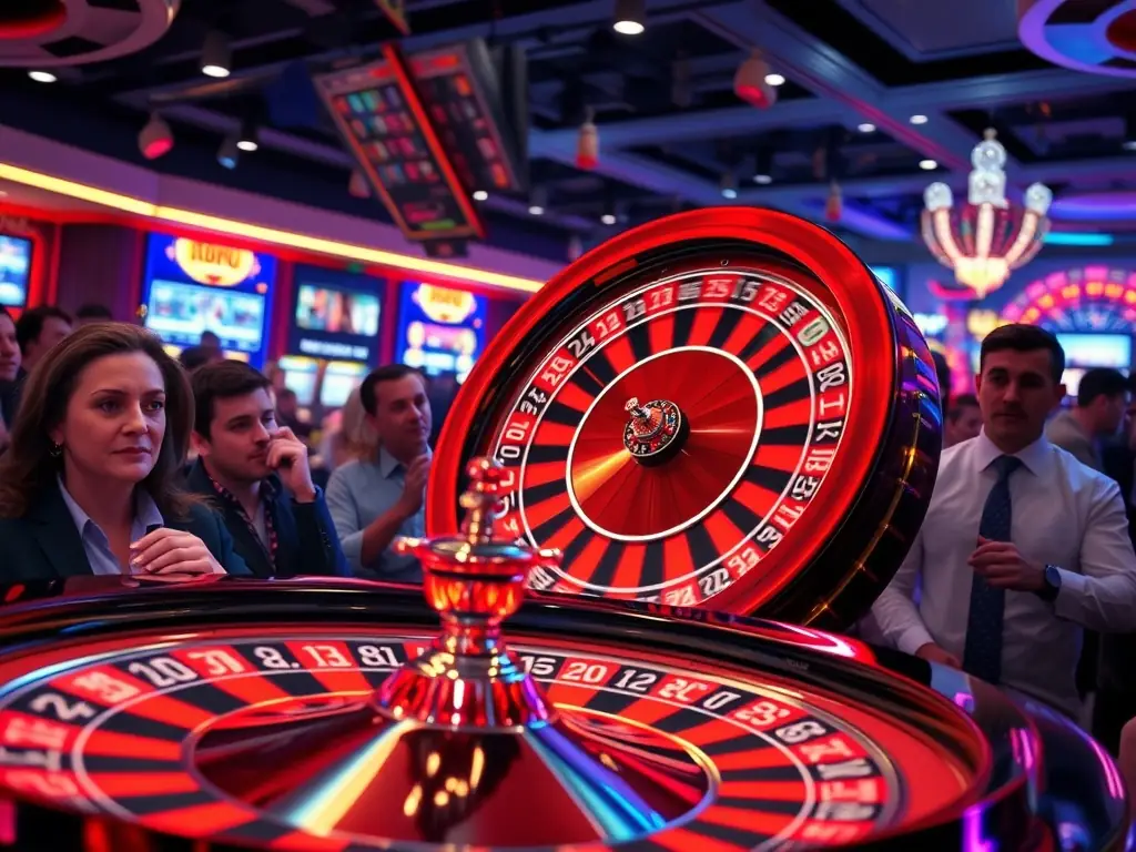 A vibrant image featuring a roulette wheel spinning and slot machines displaying winning combinations, representing the excitement and variety of casino games available on the R7 Bet platform.