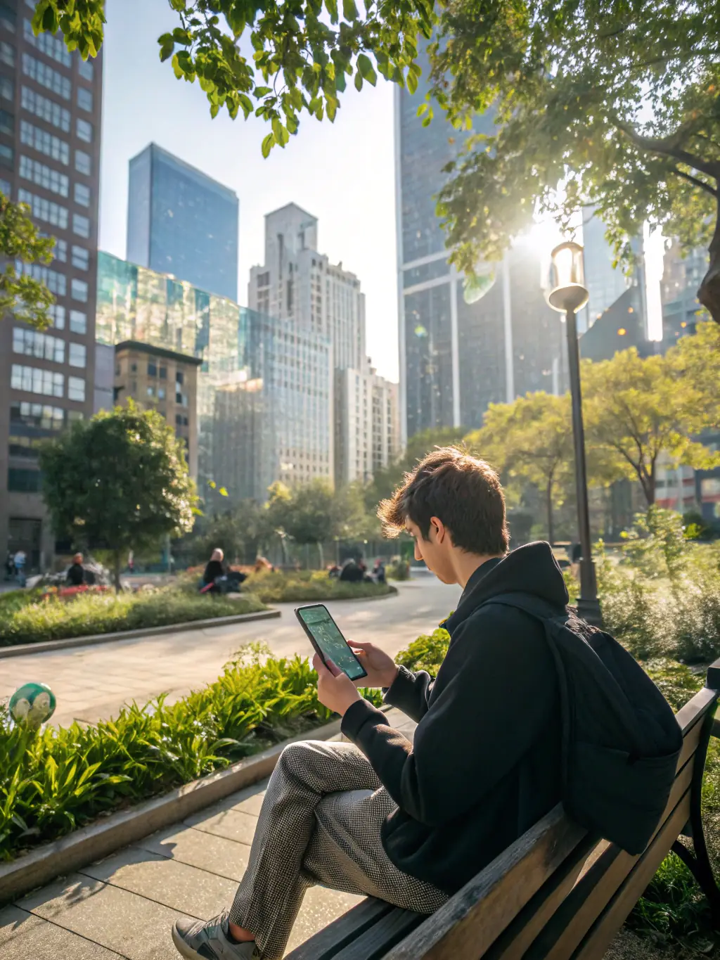A person using the R7 Bet app on their smartphone while on the go, perhaps waiting for a bus or relaxing in a park, highlighting the convenience and accessibility of the platform.