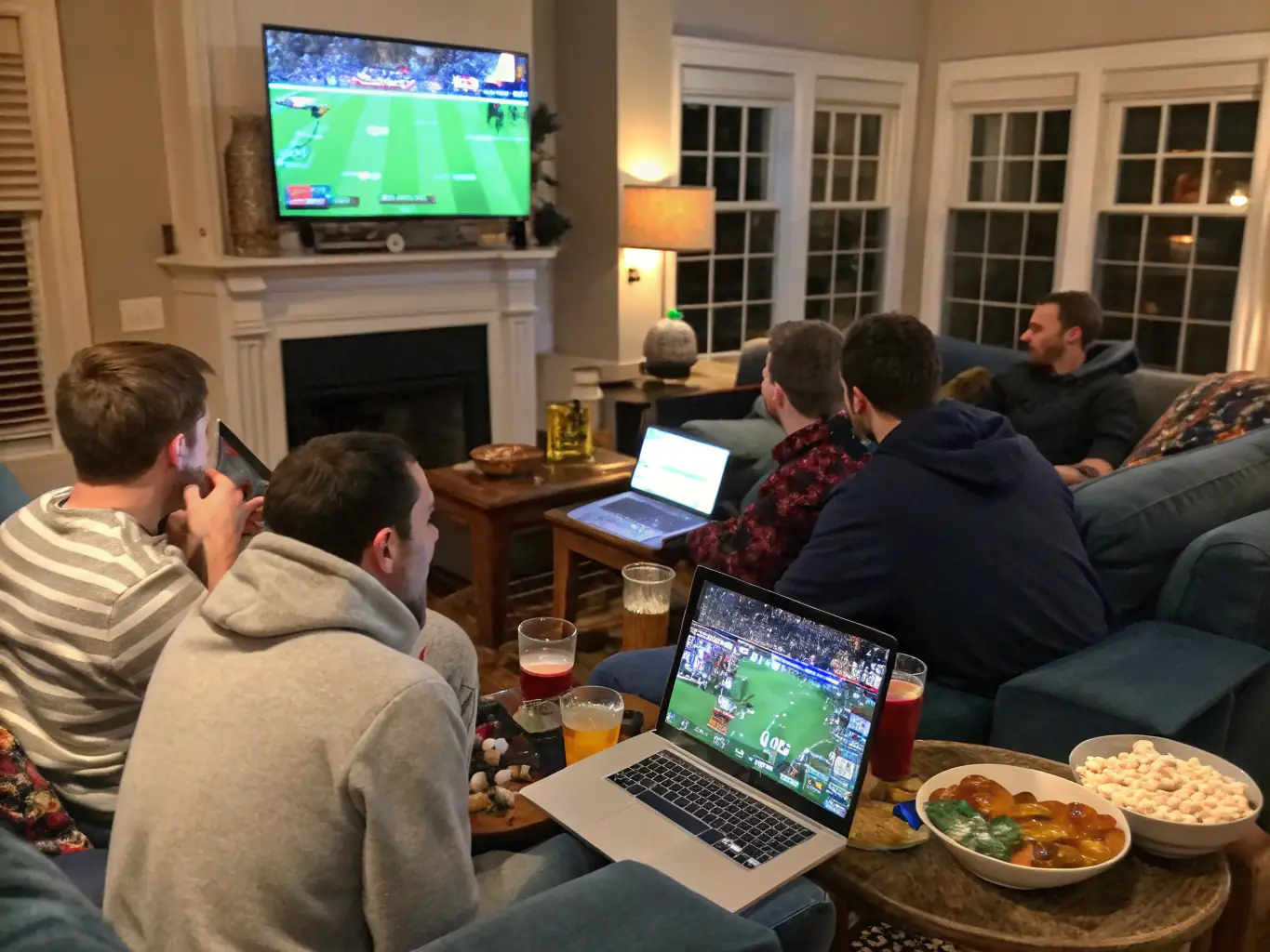 An image depicting a live streaming event with people cheering and placing bets on their mobile devices, highlighting the live betting and entertainment options available on the R7 Bet platform.