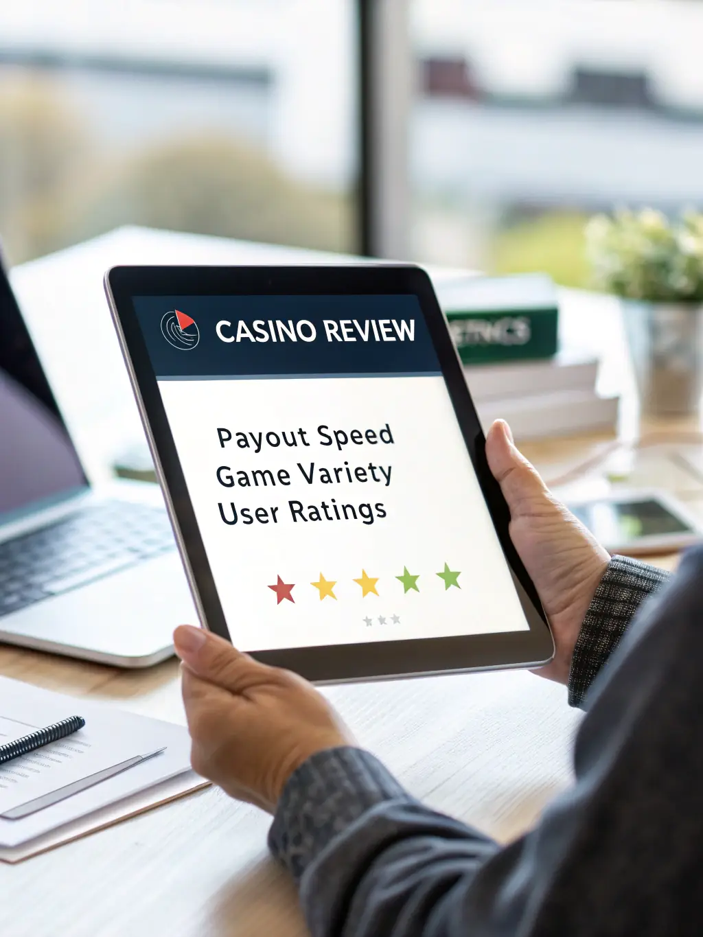 A tablet showcasing the R7 Bet app's casino game selection, featuring vibrant slot machines and classic table games, with a focus on the high-quality graphics and smooth gameplay.