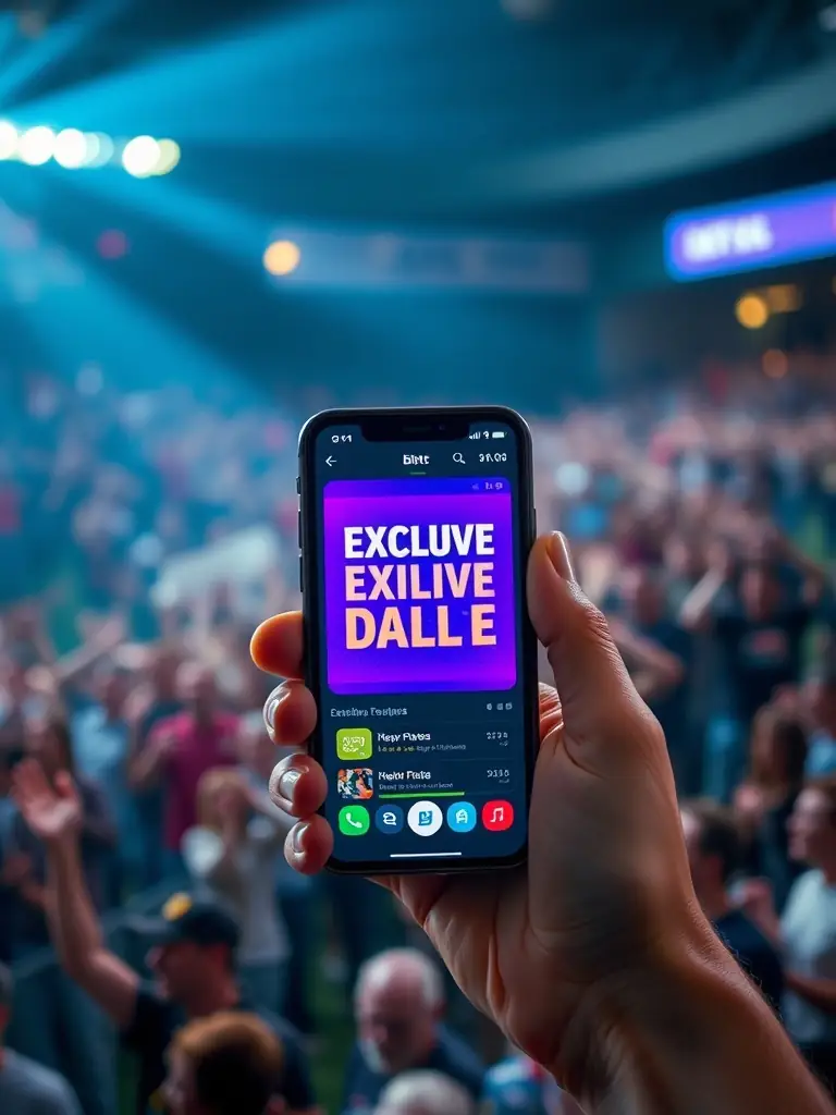 A smartphone displaying the R7 Bet app's main screen with live sports betting odds and a user-friendly interface, set against a blurred background of a bustling sports stadium.