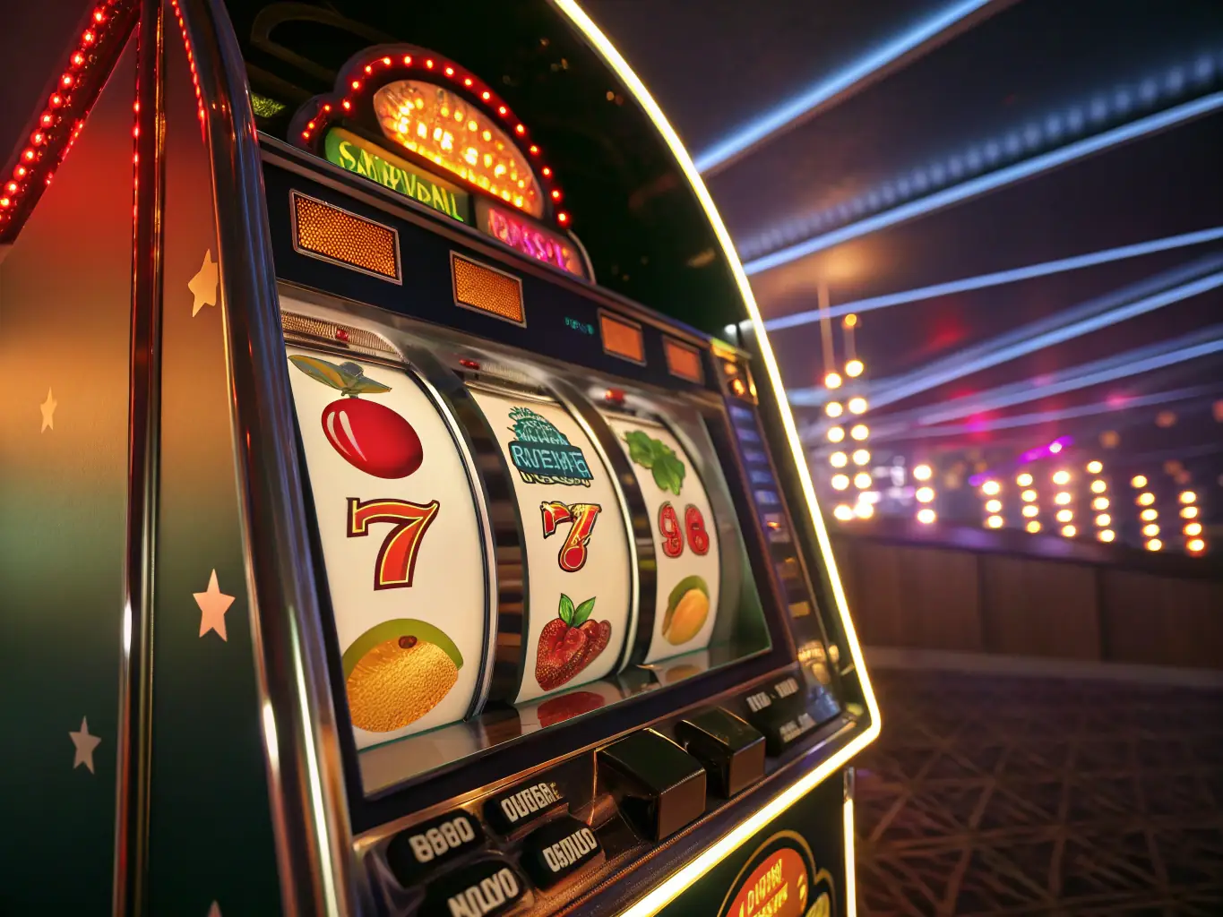 A vibrant image showcasing a variety of slot machine themes, with fruits, gems, and lucky sevens displayed prominently. The background is blurred to focus on the colorful symbols and the excitement of potential wins.